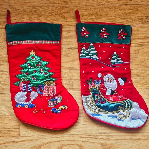 2 Vintage Christmas Velvet Embroidered Stockings Santa Tree Candy Cane Presents - Picture 1 of 13